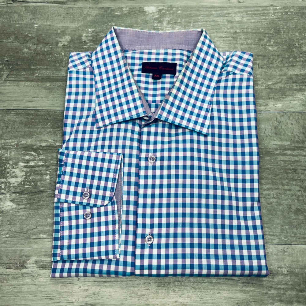 Antonio Cardinni Blue, Purple & White Gingham Plaid Shirt XXL
